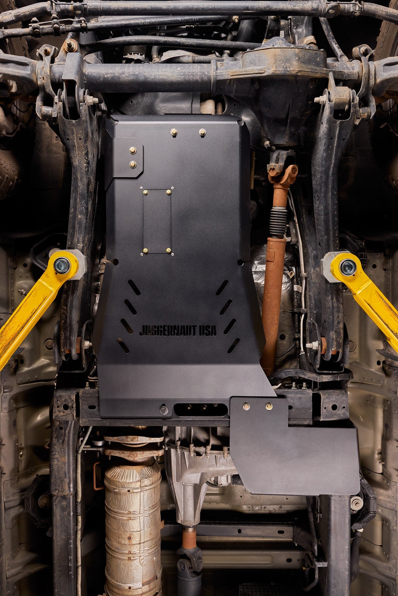 Juggernaut USA full skid plate package installed on a 2020+ Ford Super Duty — 1/4-inch 5052-H32 aluminum