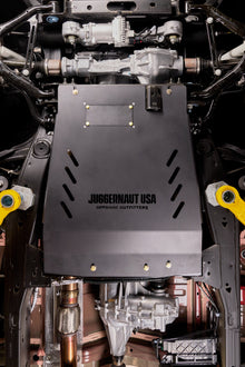 2019-2026 Chevy Silverado 1500 Transmission Skid Plate & Cat Shield — CNC-cut 1/4 inch aluminum, made in Colorado by Juggernaut USA