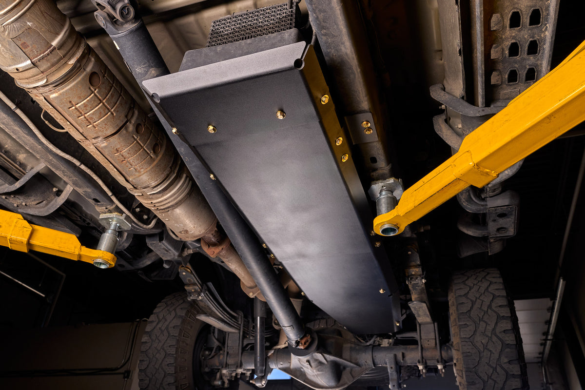 2020-2026 Ford Super Duty Fuel Tank Skid Plate (F-250, F-350) — CNC-cut 1/4 inch aluminum, made in Colorado by Juggernaut USA (view 2)
