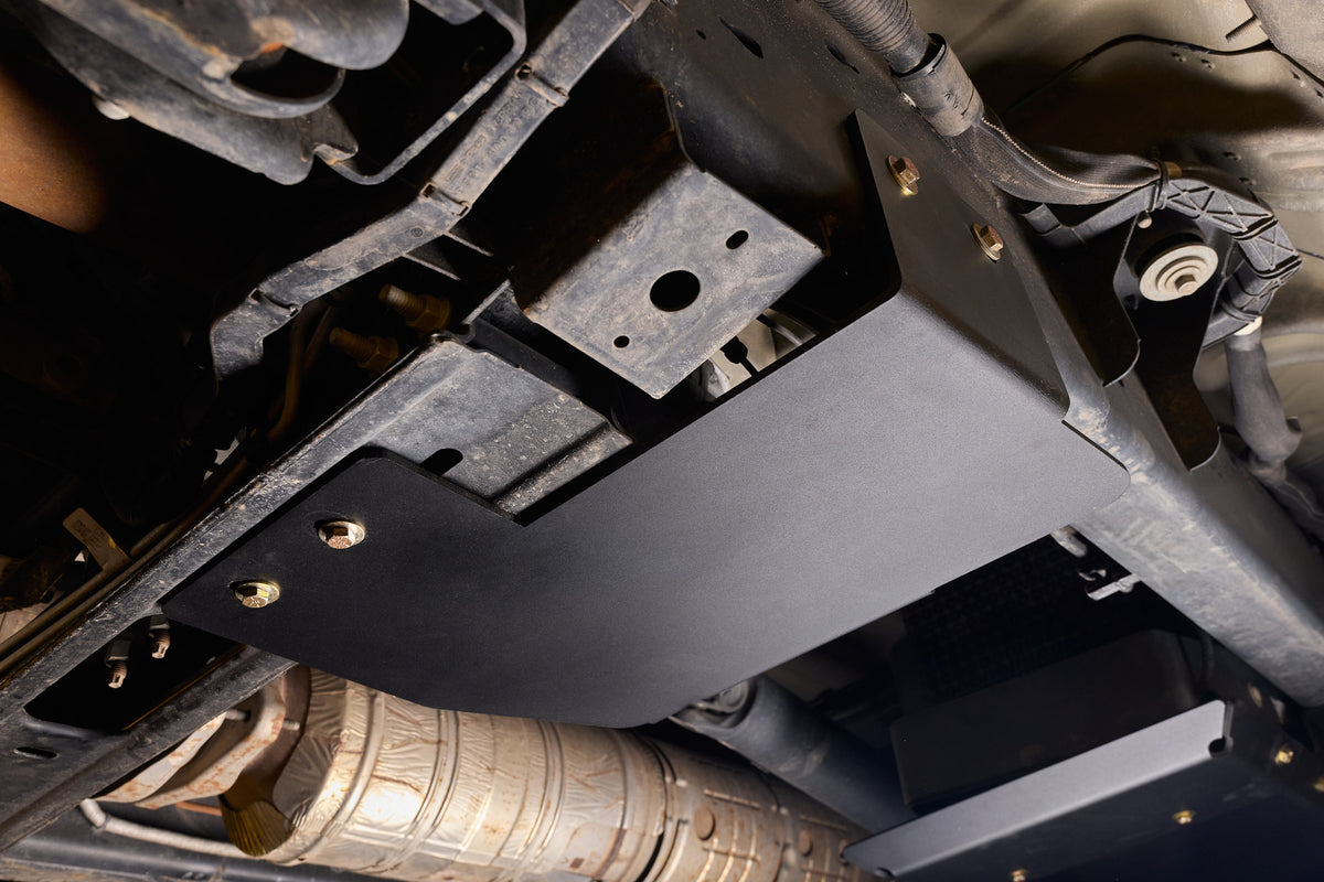 2020-2026 Ford Super Duty Transfer Case Skid Plate (F-250, F-350, F-450, F-550, F-600) — CNC-cut 1/4 inch aluminum, made in Colorado by Juggernaut USA (view 2)