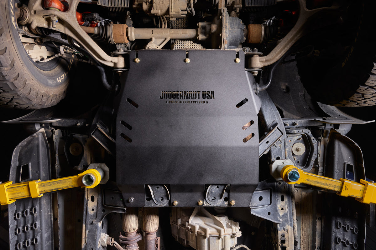 2024-2026 Ford Ranger / Ranger Raptor Transmission Skid Plate & Cat Shield — CNC-cut 1/4 inch aluminum, made in Colorado by Juggernaut USA (view 2)