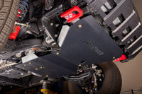 2024-2026 Toyota Tacoma engine skid plate — 1/4 inch aluminum protecting oil pan, front differential and steering rack — mounting detail
