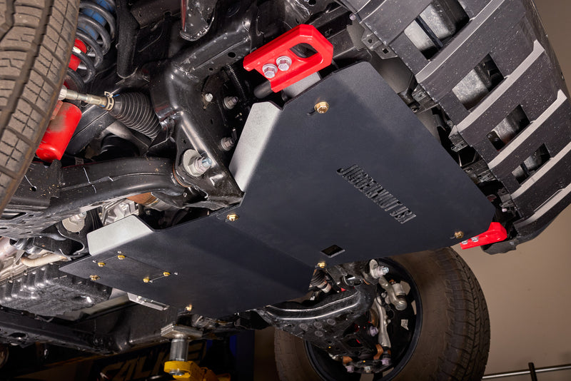 2024-2026 Toyota Tacoma engine skid plate — 1/4 inch aluminum protecting oil pan, front differential and steering rack — mounting detail