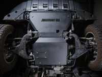 Juggernaut USA engine skid plate installed under a Toyota Land Cruiser, front view