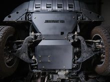 Juggernaut USA engine skid plate installed under a Toyota Land Cruiser, front view