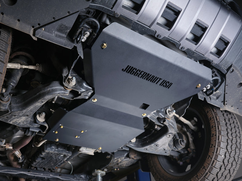 Toyota Land Cruiser engine skid plate installed, side view