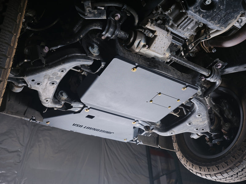 Toyota Land Cruiser engine skid plate installed, rear angle