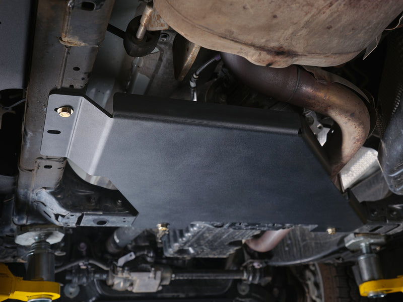 Toyota Land Cruiser transfer case skid plate installed, side view