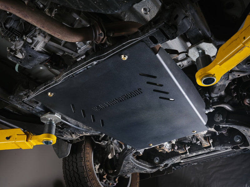 Toyota Land Cruiser transmission skid plate installed, side view