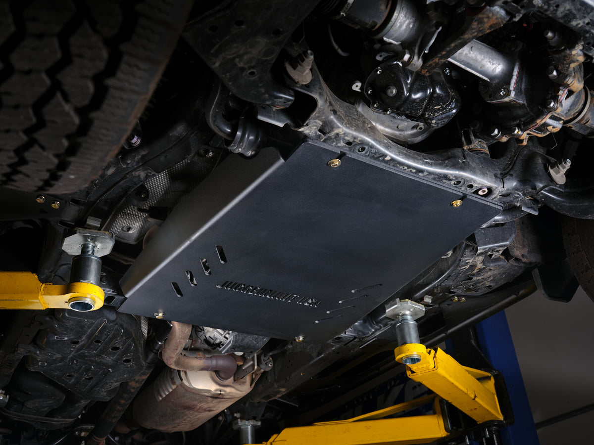 Toyota Land Cruiser transmission skid plate installed, rear angle