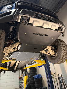2017-2026 Ford F-150 Raptor Engine Skid Plate — CNC-cut 1/4 inch aluminum, made in Colorado by Juggernaut USA (view 3)