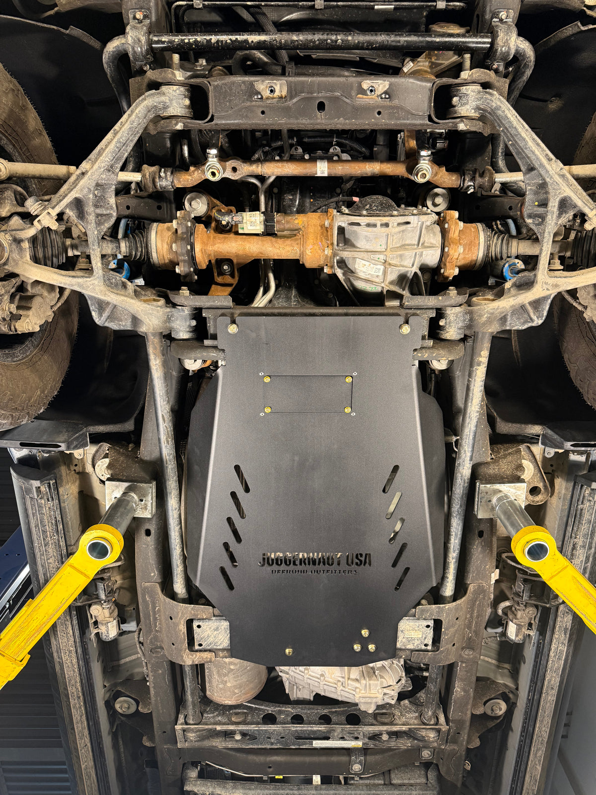 2020-2026 Chevy Silverado 2500HD/3500HD Transmission Skid Plate & Cat Shield — CNC-cut 1/4 inch aluminum, made in Colorado by Juggernaut USA