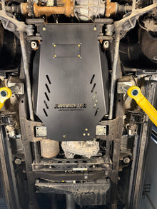 2020-2026 Chevy Silverado 2500HD/3500HD Transmission Skid Plate & Cat Shield — CNC-cut 1/4 inch aluminum, made in Colorado by Juggernaut USA (view 2)
