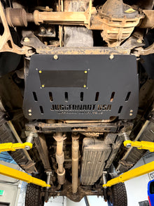 2009-2014 Ford F-150 Transmission Skid Plate & Cat Shield — CNC-cut 1/4 inch aluminum, made in Colorado by Juggernaut USA (view 3)