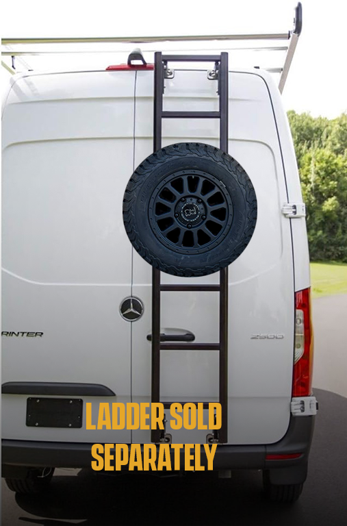 Van with a spare tire mounted on a Prime Designs Kadder, with text 'Ladder Sold Separately' displayed.